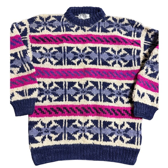Carabuela Sweaters - Carabuela VTG 90s 100% Wool Fair Isle Sweater Snowflake Chunky Knit Med / Lar